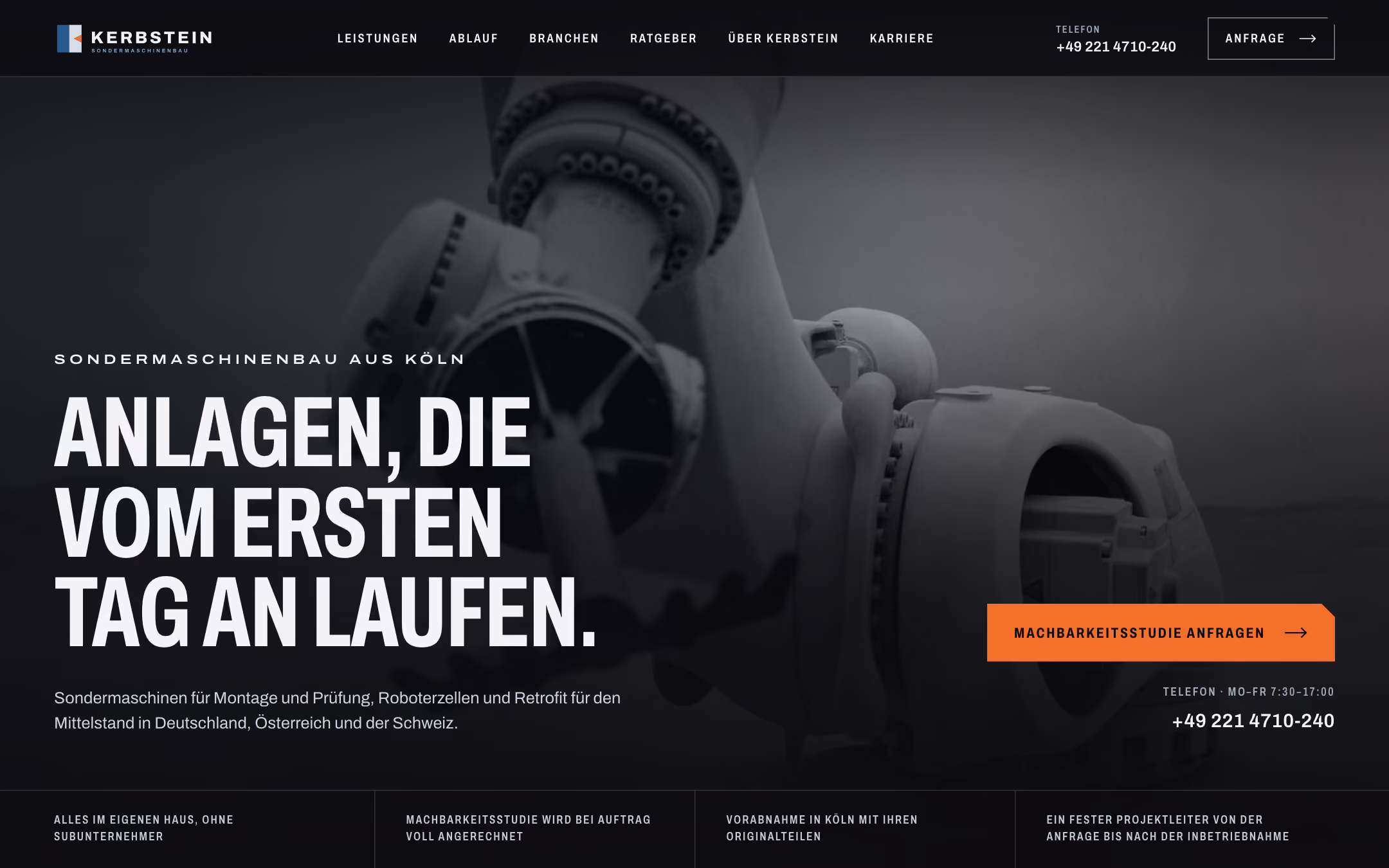 Startseite der Konzept-Website Kerbstein Sondermaschinenbau: dunkler Einstieg mit Industrieroboter und der Überschrift „Anlagen, die vom ersten Tag an laufen.“